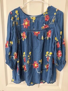 Blue Floral Embroidered Women’s Peasant Top